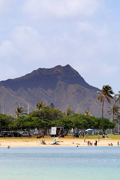 Honolulu, Hawaii, USA: coastal view of the Waikiki skyline looking southeast towards the Diamond Head State Monument (Leahi). The volcanic tuff cone flanks the eastern edge of the resort district, contrasting with the dense high-rise architecture of luxury hotels and condominiums. The  waters of the Pacific Ocean border the white sandy shoreline, leading towards the greenery of Kapiolani Park.
