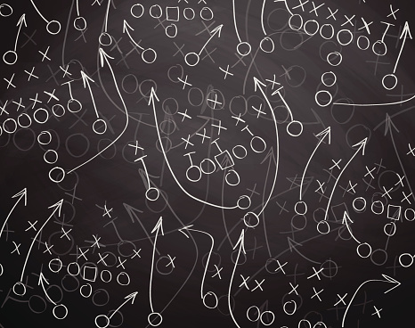 Football play drawn out on a chalk board