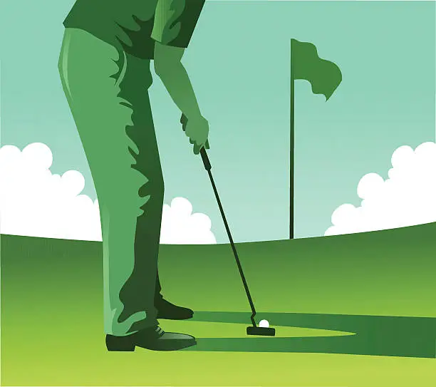 Vector illustration of Golfer Putting On Green with Flag and Clouds