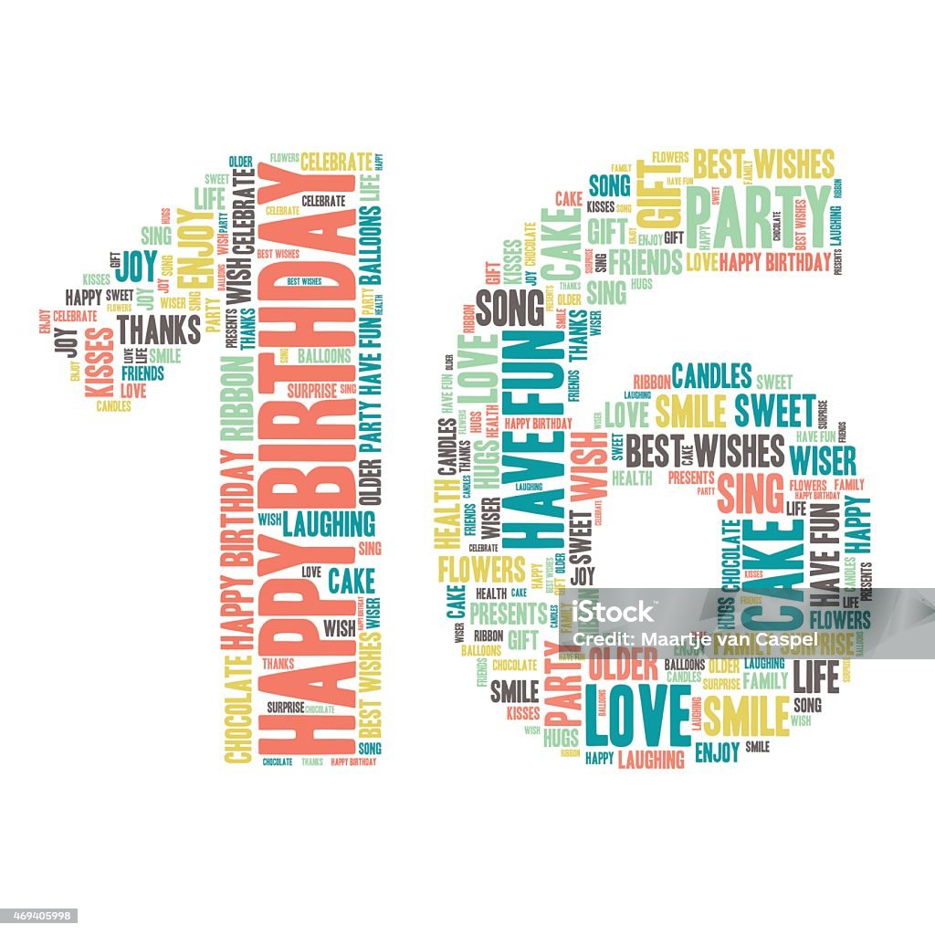 Word Cloud - Happy Birthday Celebration - Sixteen Word Cloud - Happy Birthday Celebration colorful wordclouds about celebrating your 16th birthday ;) blue, green, yellow, pink, grey Birthday stock vector