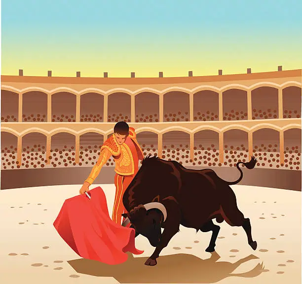 Vector illustration of Bullfighting - Matador and Bull Contesting in the Arena