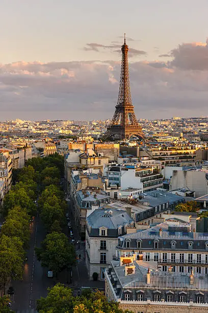 Photo of Eiffel Tower and Paris rooftops before sunset, France