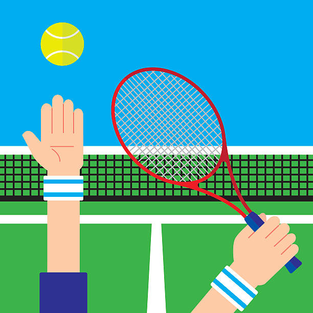 tennis-aufschlag - tennis tennis ball serving racket stock-grafiken, -clipart, -cartoons und -symbole