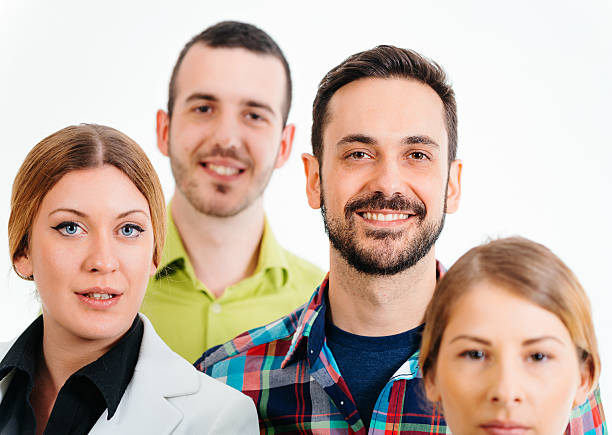 istock Group of smiling people isolated on white background 469419388