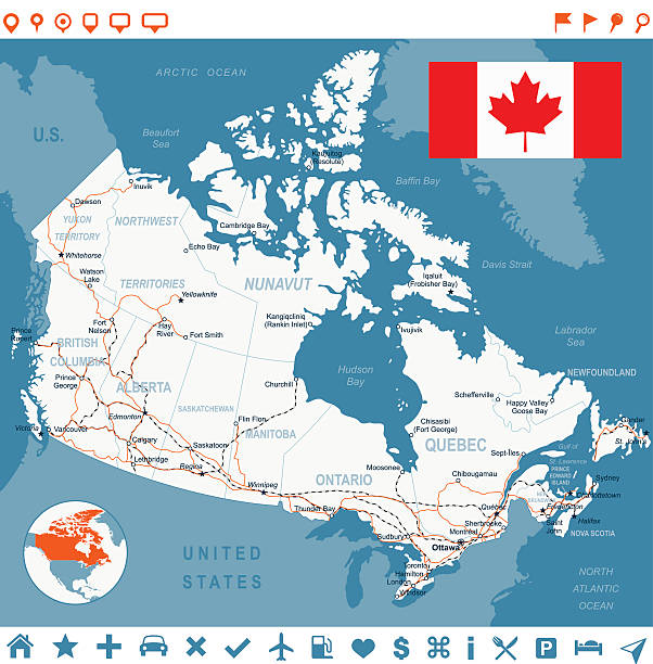 ilustraciones, imágenes clip art, dibujos animados e iconos de stock de canadá bandera de mapa de navegación, etiquetas, carreteras-ilustración - toronto canada flag montreal