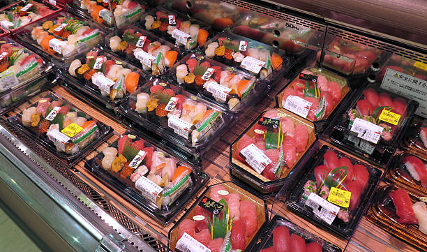 sushi boxes , supermarket stock photo