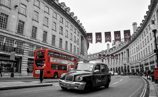 Regent Street London on the 60th Jubilee Anniversary for Queen Elizabeth with Bus & Taxi