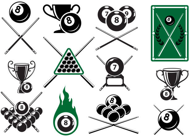 Billiard, pool and snooker sports emblems Billiard, pool and snooker sports emblems with crossed cues, billiard balls, trophy cups and table pool cue stock illustrations
