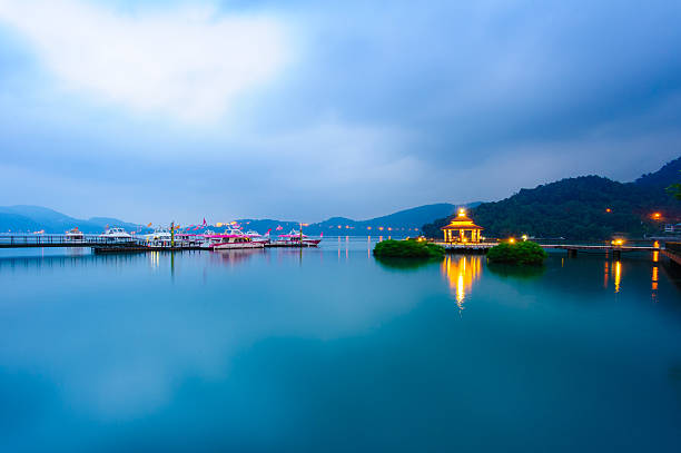 night view of sun moon lake with fog