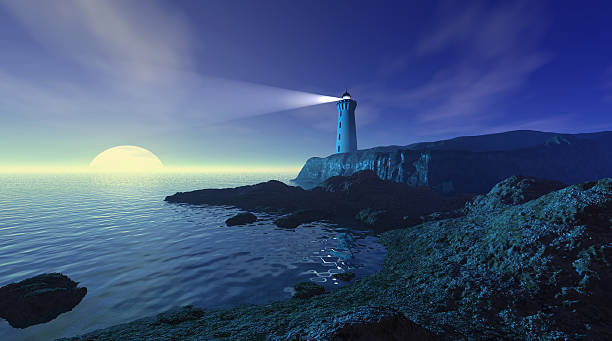 Seascape with lighthouse Magnificent seascape 3d illustration with full moon and lighthouse on a cliff lighthouse lighting equipment reflection rock stock pictures, royalty-free photos & images