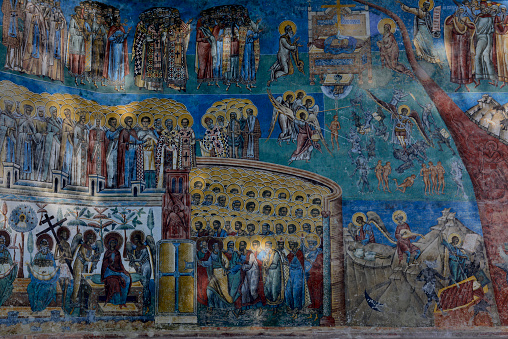 detail of Judgment Day fresco on the western wall of Voronet monastery, Suceava county, Moldova, Romania