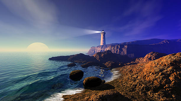 mer et phare - dark light beam beacon projection photos et images de collection