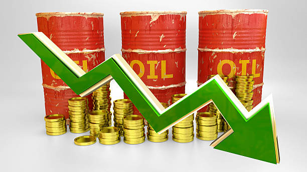 the price of fuel decreases price of fuel decreases - 3D concept ilustration - red oil barrels with golden coins and green arrow goldco minimum investment stock pictures, royalty-free photos & images
