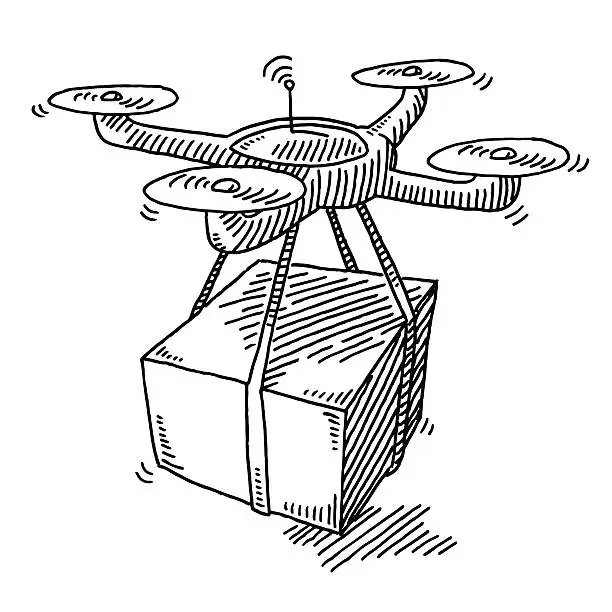 Vector illustration of Flying Drone Parcel Delivery Drawing
