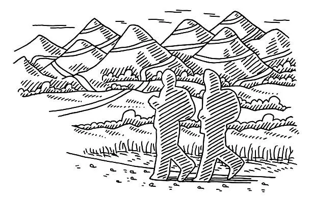 Vector illustration of Hiking Trip Two People Silhouettes Drawing