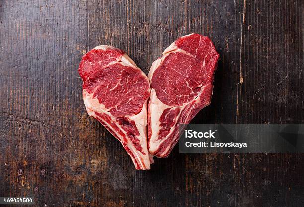 Heart Shape Raw Meat Ribeye Steak Stock Photo - Download Image Now - Heart Shape, Meat, Steak