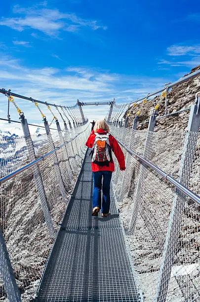 Tourists on the suspension bridge near the top of Mount Titlis in the high mountains of Switzerland. There is an impressive drop underneath one's boots. AdobeRGB colorspace.