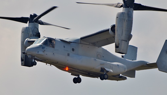 A Marine Corps V-22 Osprey tilt-rotor helicopter/airplane in flight. 
