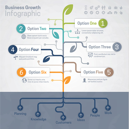 Business growth and growing tree concept infographic with space for your text and extra icons and symbols. EPS 10 file. Transparency effects used on highlight elements.