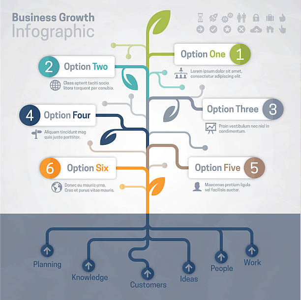 Business Growth Infographic Business growth and growing tree concept infographic with space for your text and extra icons and symbols. EPS 10 file. Transparency effects used on highlight elements. origins stock illustrations