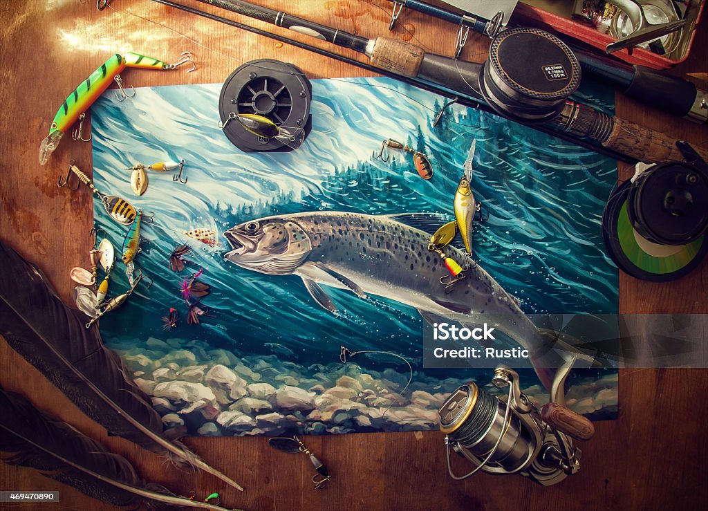 Illustration about fishing. Illustration about fishing, surrounded by fishing accessories (rod, reels, jigs). The attempt to make the atmosphere of the fishing still life.  Painting - Art Product stock illustration