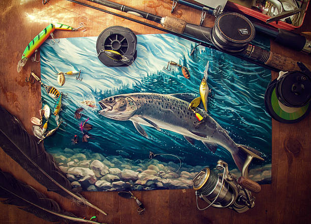 Illustration about fishing. Illustration about fishing, surrounded by fishing accessories (rod, reels, jigs). The attempt to make the atmosphere of the fishing still life.  fly fishing illustrations stock illustrations