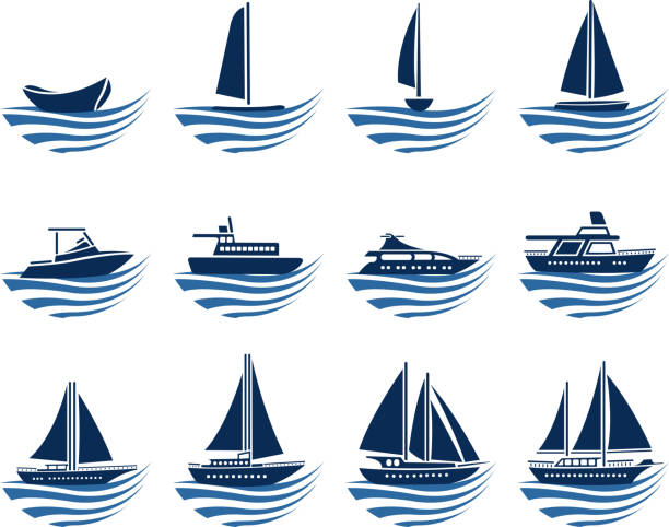 nautical vessel icons drawing of vector nautical vessel symbols. wave water silhouettes stock illustrations