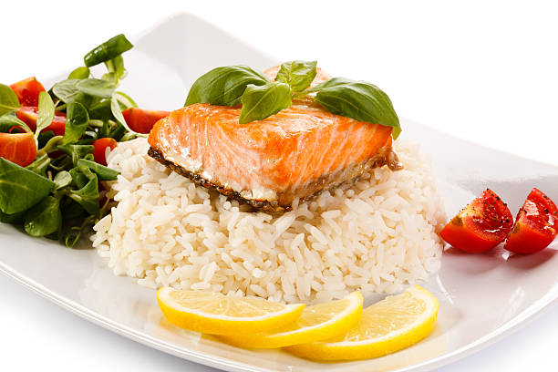 istock Grilled salmon, white rice and vegetables 469473908