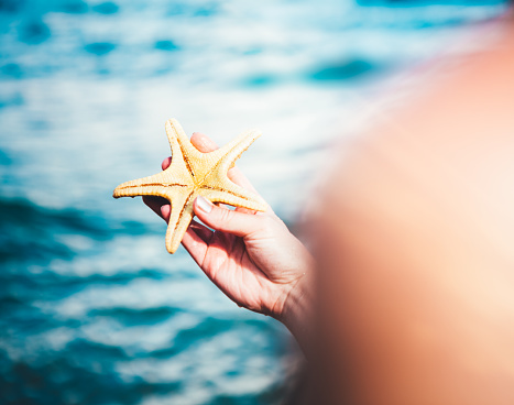 Young woman holding starfish on a beach on Kefalonia island in Greece.