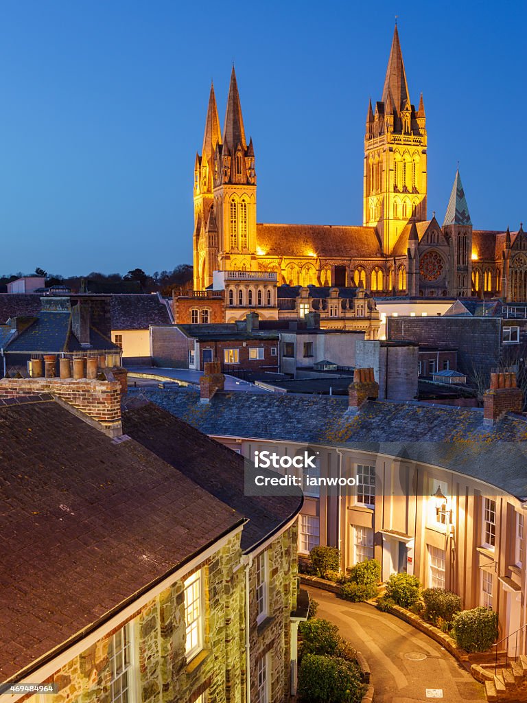 Truro Cornwall England Rooftop view of Truro Cornwall England with the Cathedral illuminated at dusk Cornwall - England Stock Photo