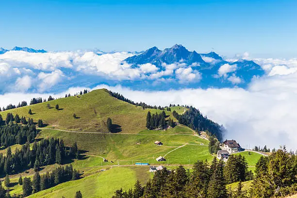 Stunning view of the Pilatus above the clouds from top of Rigi mountain, Lucerne, Switzerland