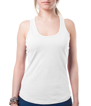 blank white female shirt template isolated on white with clipping path both for background and garment