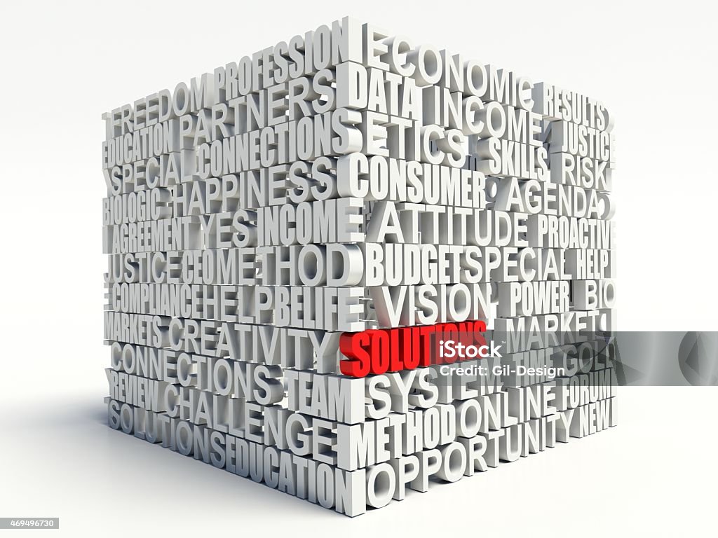WORD solutions Word solutions in red, salient among other related keywords concept in white. 3d render illustration. Brick Stock Photo