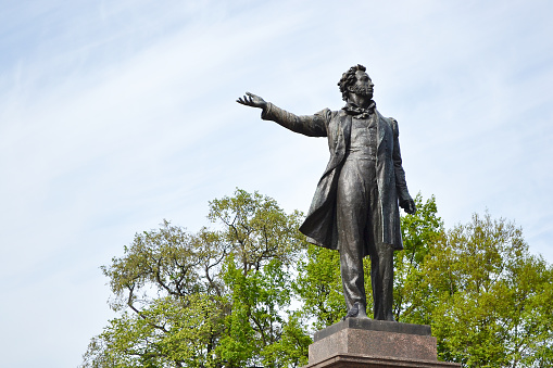Statue of Alexander Pushkin, famous Russian poet. Arts Square, St.Petersburg, Russia.