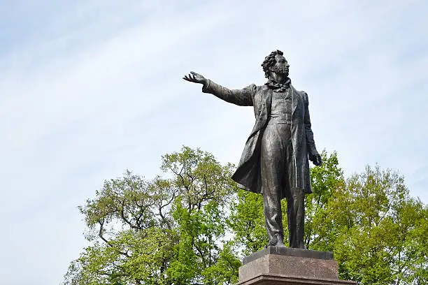 Statue of Alexander Pushkin, famous Russian poet. Arts Square, St.Petersburg, Russia.