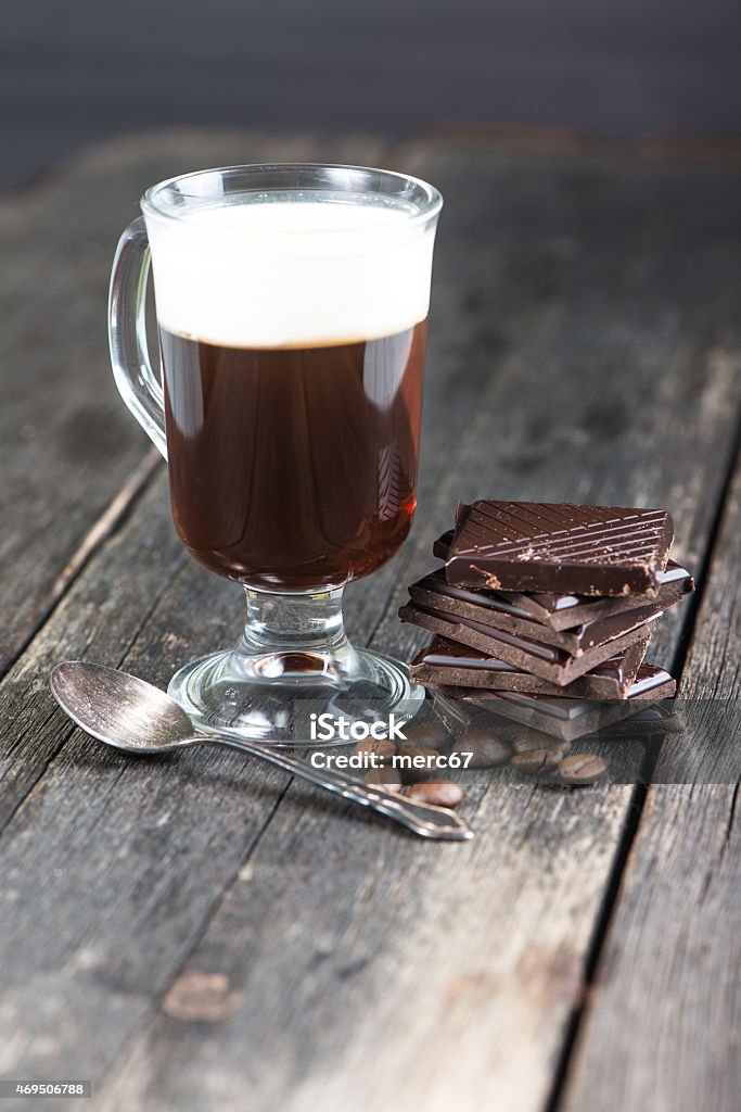 alcoholic irish coffee with dark chocolate and caffee beans 2015 Stock Photo