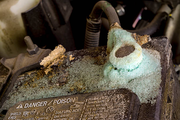 Acid and corrosion on a car battery stock photo