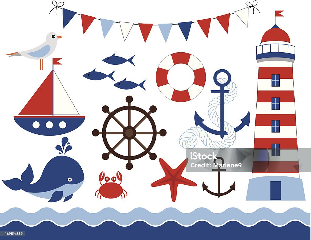 Fun and images of nautical setting Nautical vector set: boat, buntings, starfish, sea, wheel, lighthouse. Blue stock vector