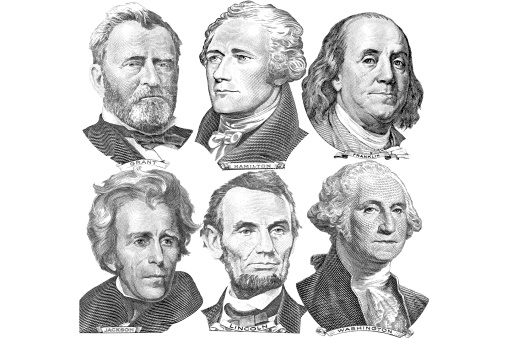 Engravings of portraits of six presidents with U.S. dollar bills