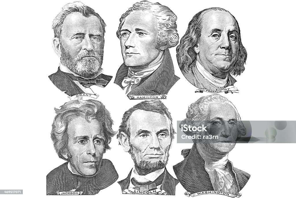 Six presidents with dollar bills Engravings of portraits of six presidents with U.S. dollar bills President stock illustration