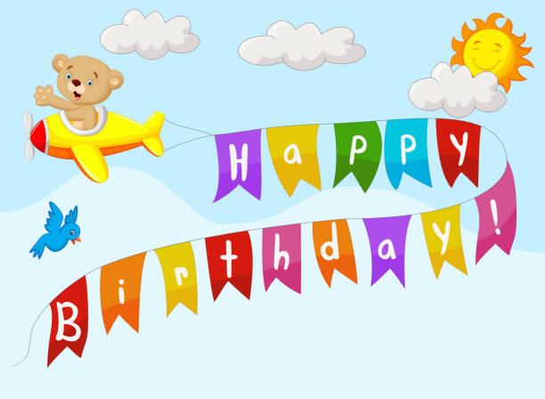 ilustrações de stock, clip art, desenhos animados e ícones de fundo de aniversário com urso mulher no plano - birthday airplane sky anniversary
