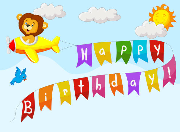 ilustrações de stock, clip art, desenhos animados e ícones de fundo de aniversário com leão mulher no plano - birthday airplane sky anniversary