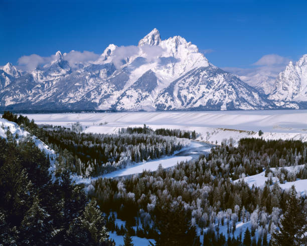 140+ Grand Teton National Park Winter Oxbow Bend Landscape Stock