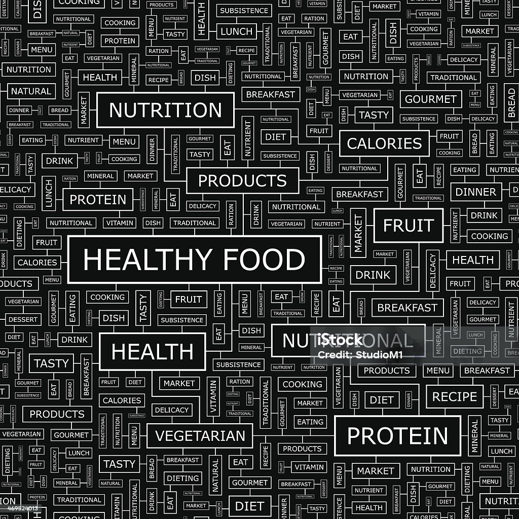 HEALTHY FOOD HEALTHY FOOD. Seamless pattern. Word cloud illustration. Art Product stock vector