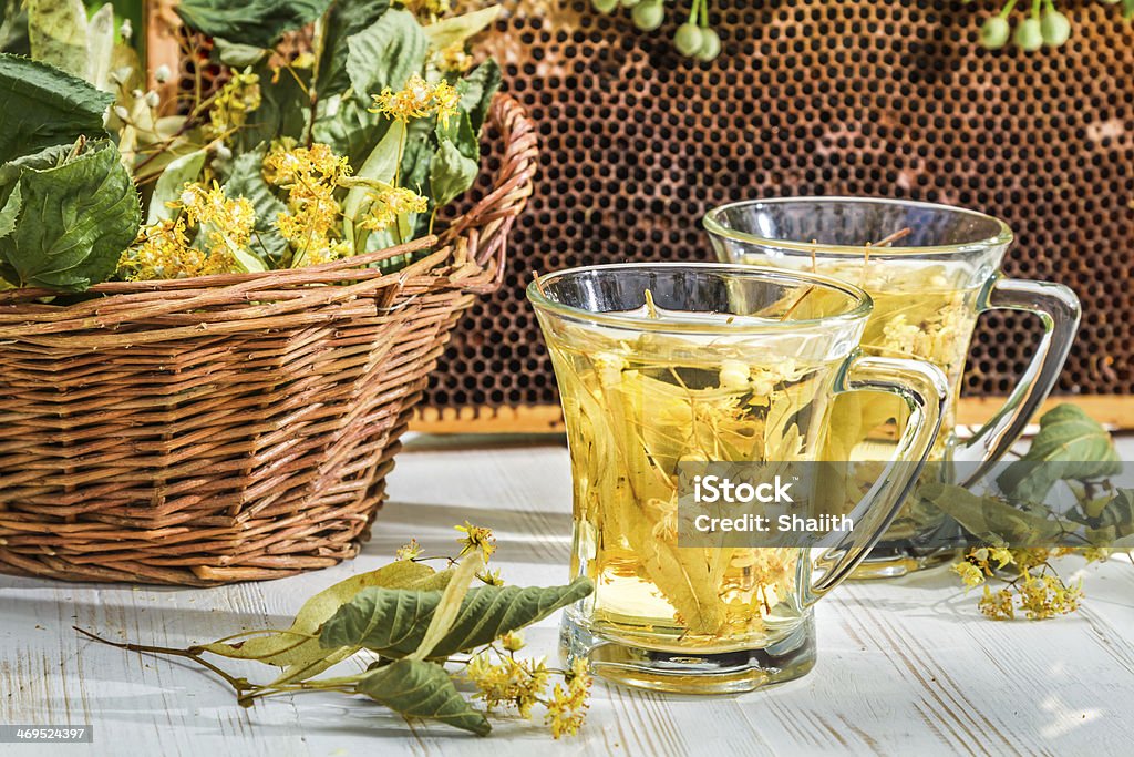 Tea with lime, honey served in the garden at summer Tea with lime and honey served in the garden at summer. Alternative Therapy Stock Photo