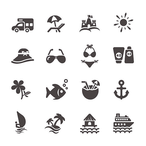 travel and summer beach icon set 2, vector eps10 travel and summer beach icon set 2, vector eps10. beach symbols stock illustrations