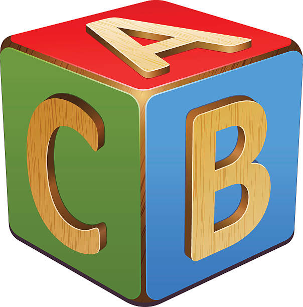 Wooden cube with blue, red and green A,B,C wooden cube with letters A,B,C alphabetical stock illustrations