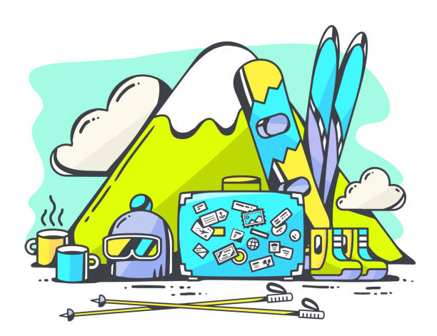 illustrations, cliparts, dessins animés et icônes de illustration vectorielle de bleu valis'et accessoire de voyage en hiver - ski travel symbol suitcase