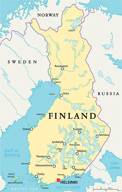 Finland Political Map Finland Political Map with capital Helsinki, national borders, important cities, rivers and lakes. English labeling and scaling. Illustration. map of helsinki finland stock illustrations