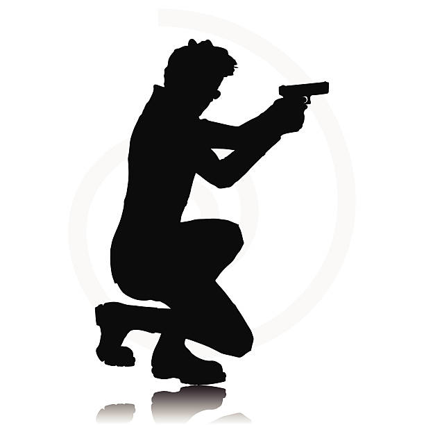 ilustraciones, imágenes clip art, dibujos animados e iconos de stock de hombre con una pistola - shooting women gun shotgun